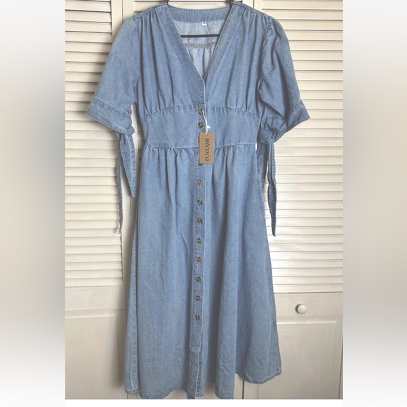 UTCoco Blue Denim Midi Dress XS NWT Button Front Tie Sleeve Cottagecore Country - Picture 2 of 5
